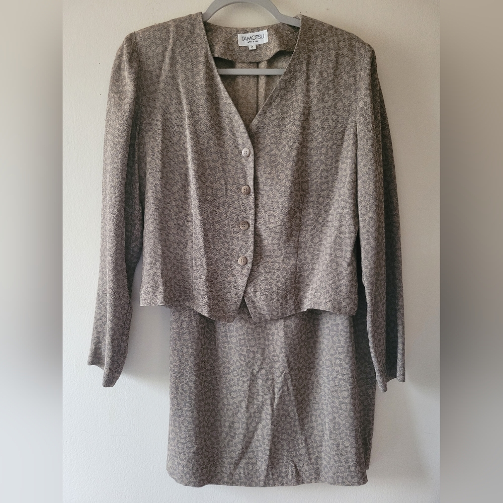 Vintage Tamotsu 80s Wool Blend Crop Blazer Pencil Skirt Career Business Suit Set